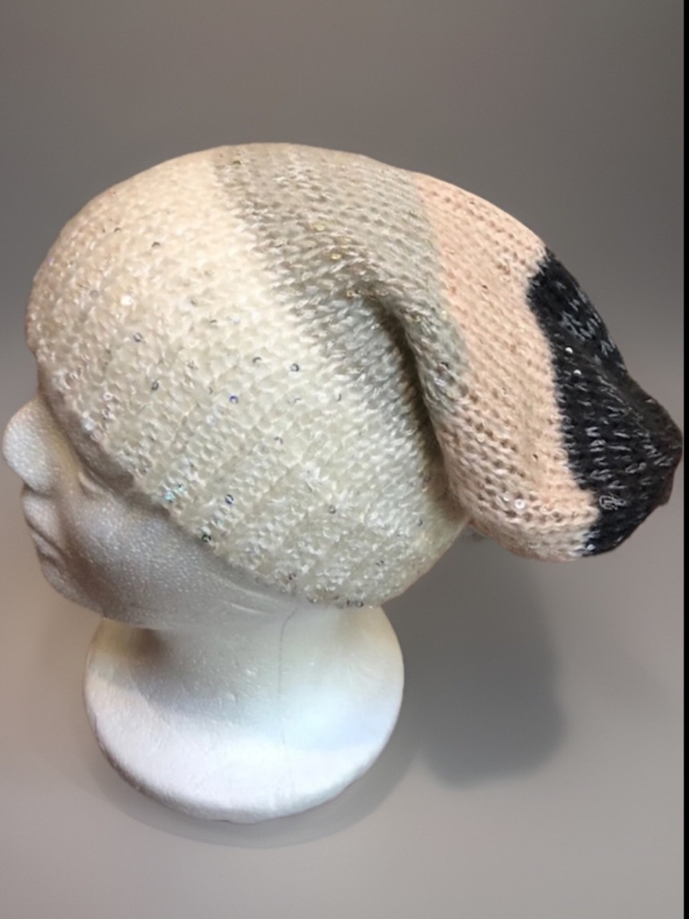 World Market Mod CHIC Off White Thin Sweater Metallic Beanie Cap Hat Sma…